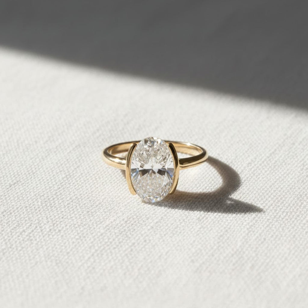 2 Carat Oval Lab Grown Diamond Ring / Half Bezel Set Engagement Ring / Unique Oval Ring / Oval Solitaire Ring / Cathedral Diamond Ring