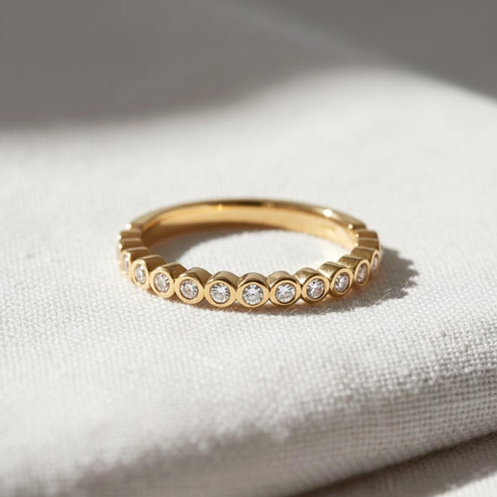 14k Solid Gold Round Band Ring, Unique Round Ring, Half Eternity Round Lab Diamond Wedding Band, Vintage Wedding Band Stacking Ring