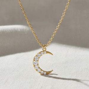 14K Solid Gold Crescent Moon Pendant Necklace