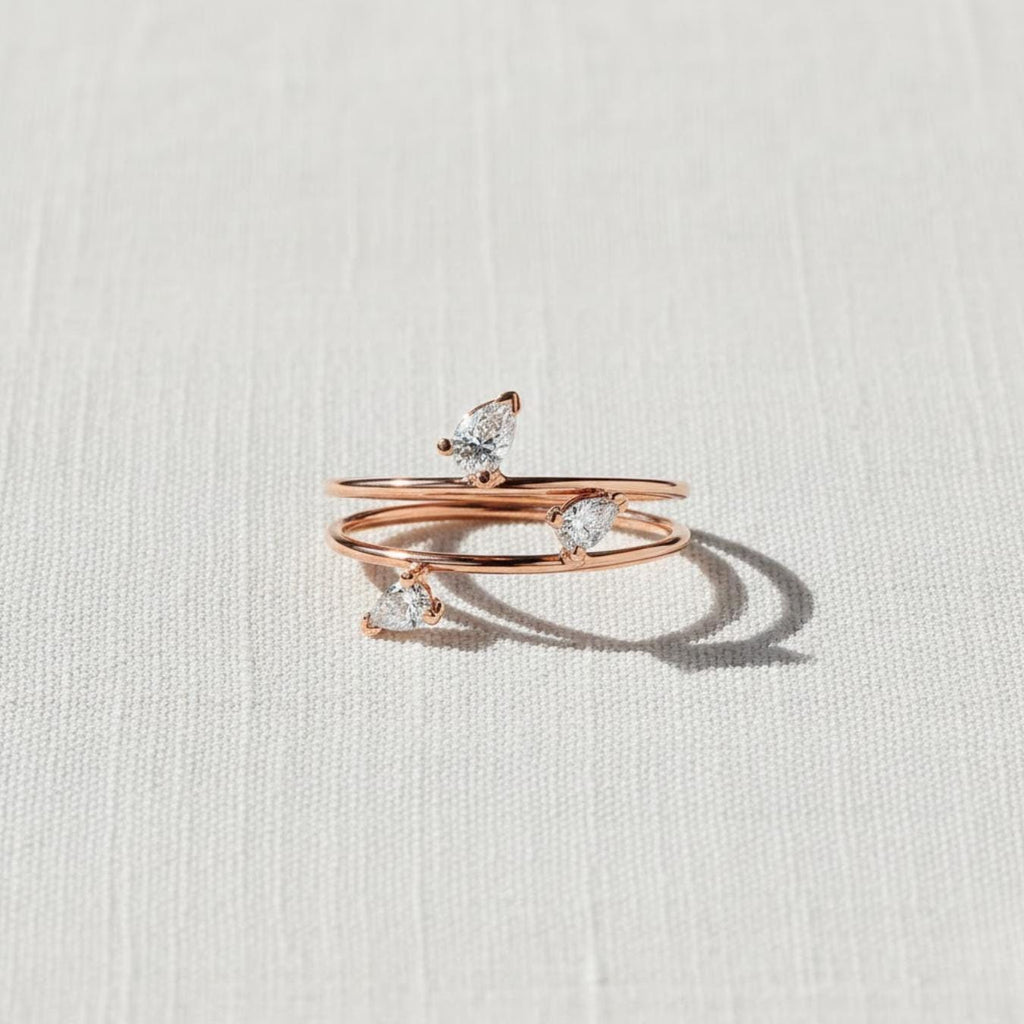 Pear Double Ring with Three Diamonds Pear Engagement Ring for Her Birthday Ring for Wife Simple Lab Create Diamond Ring Dainty Diamond Ring