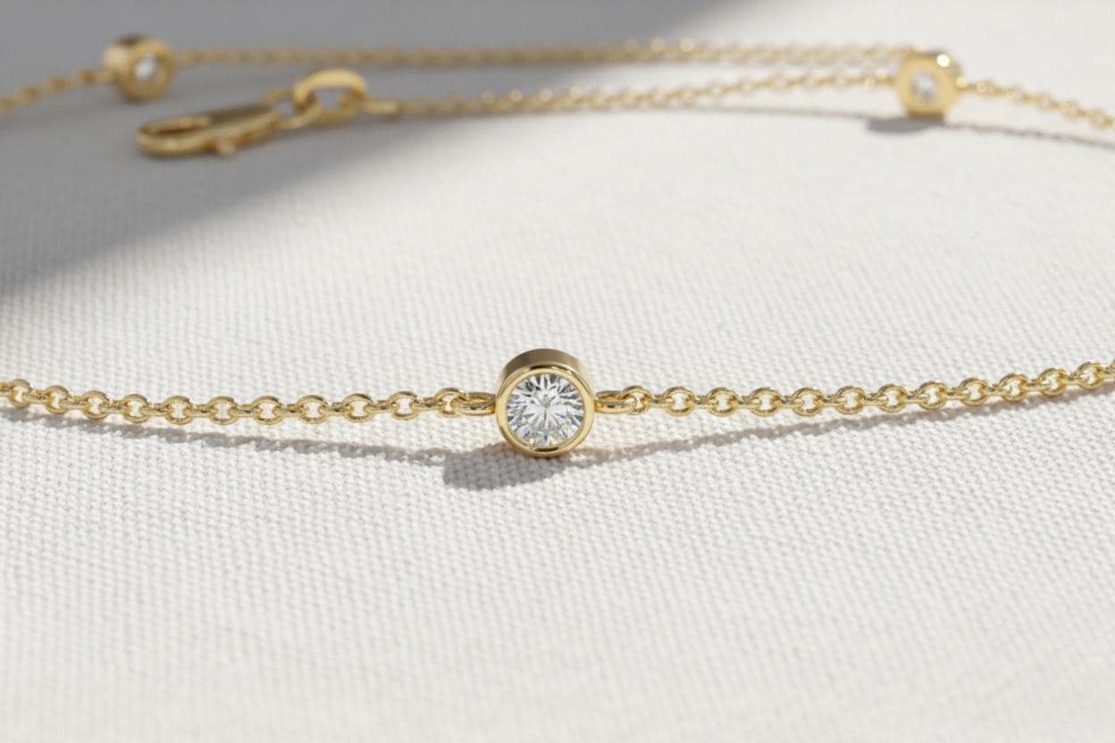 14K Gold Diamond Solitaire Bracelet, Round Brilliant Bezel Set