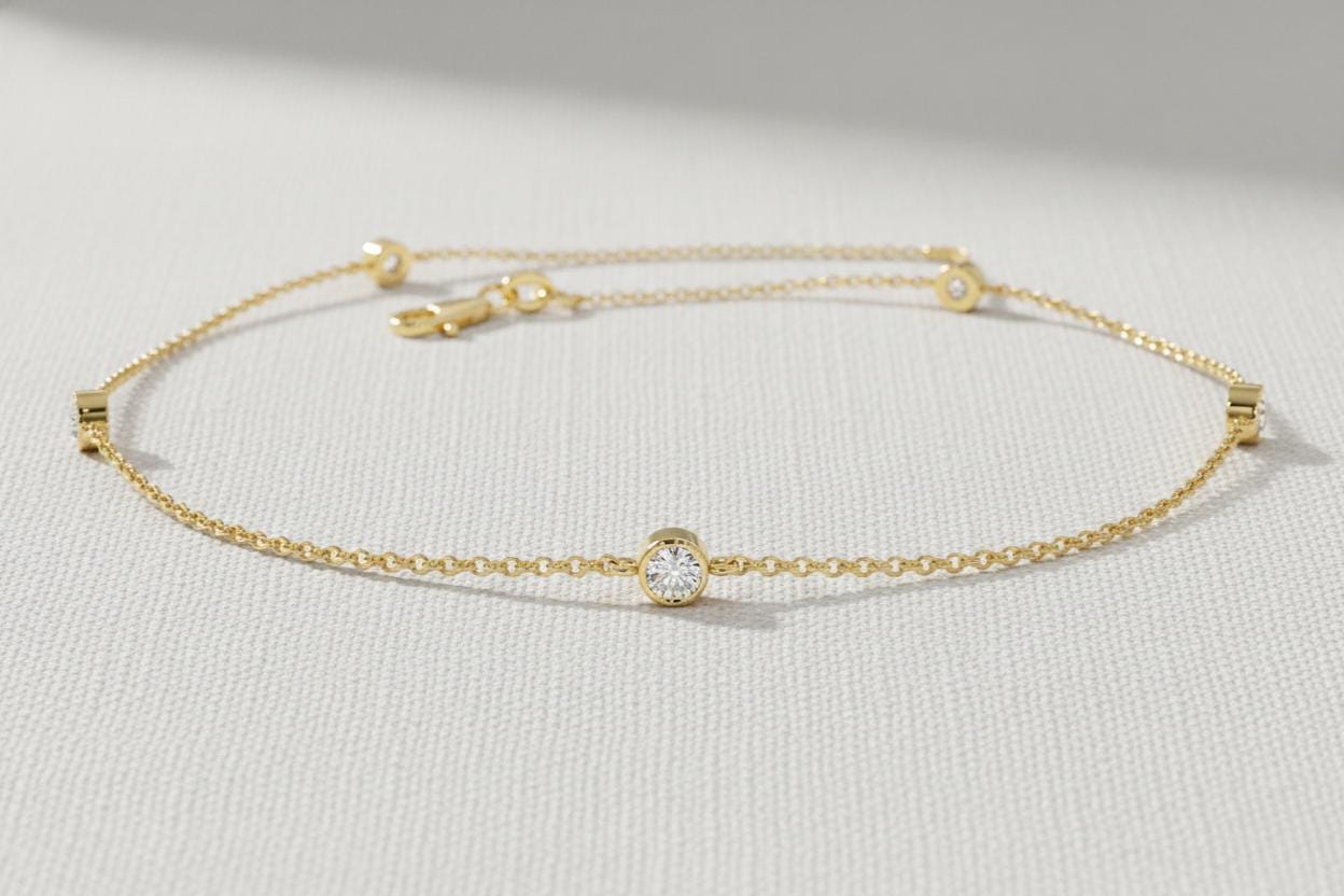 14K Gold Diamond Solitaire Bracelet, Round Brilliant Bezel Set