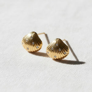 14K Solid Gold Lab Grown Diamond Shell Stud Earrings