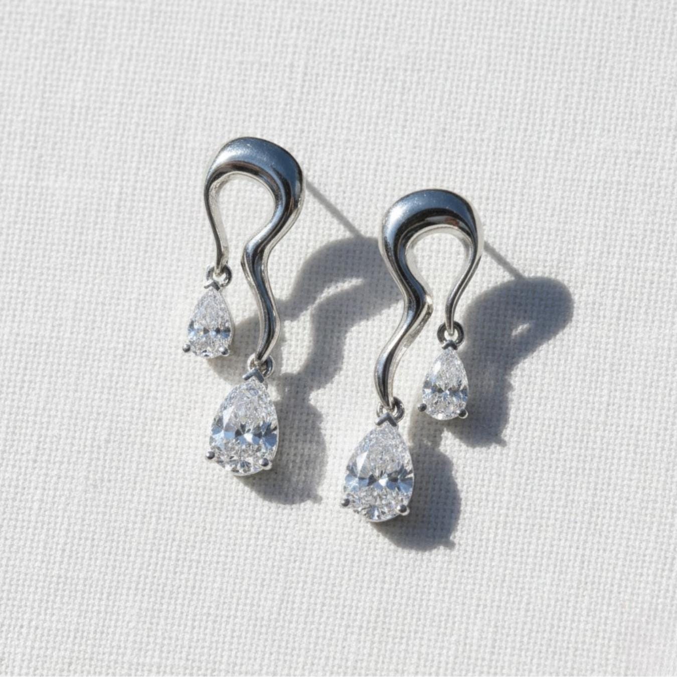Silver Diamond Drop Earrings Pear Dangle Wedding Gift for Her