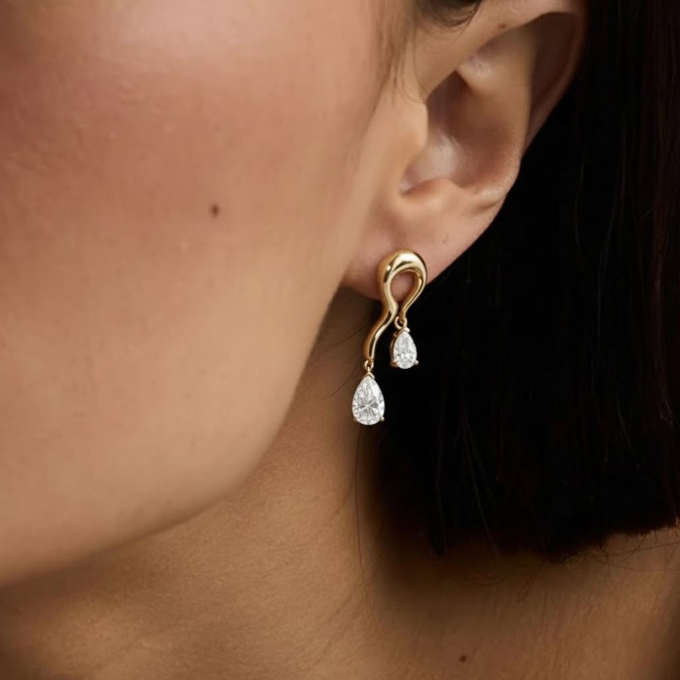 14K Gold Diamond Drop Earrings Pear Dangle Gift for Her