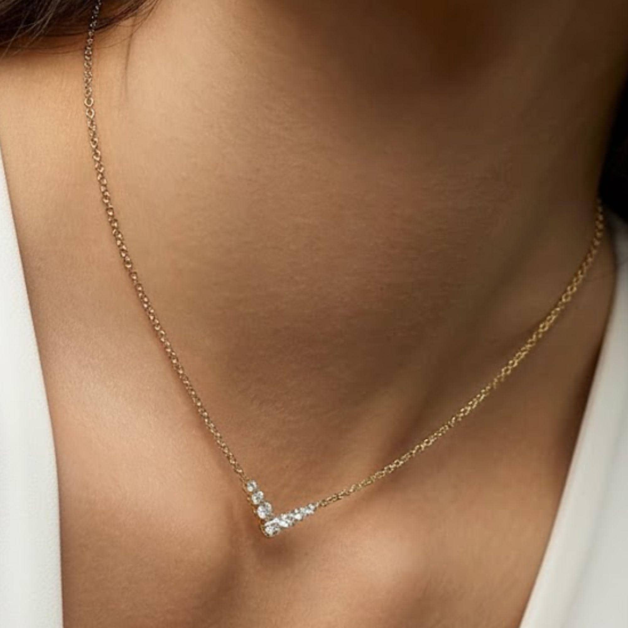 14K Solid Gold Diamond Chevron Necklace