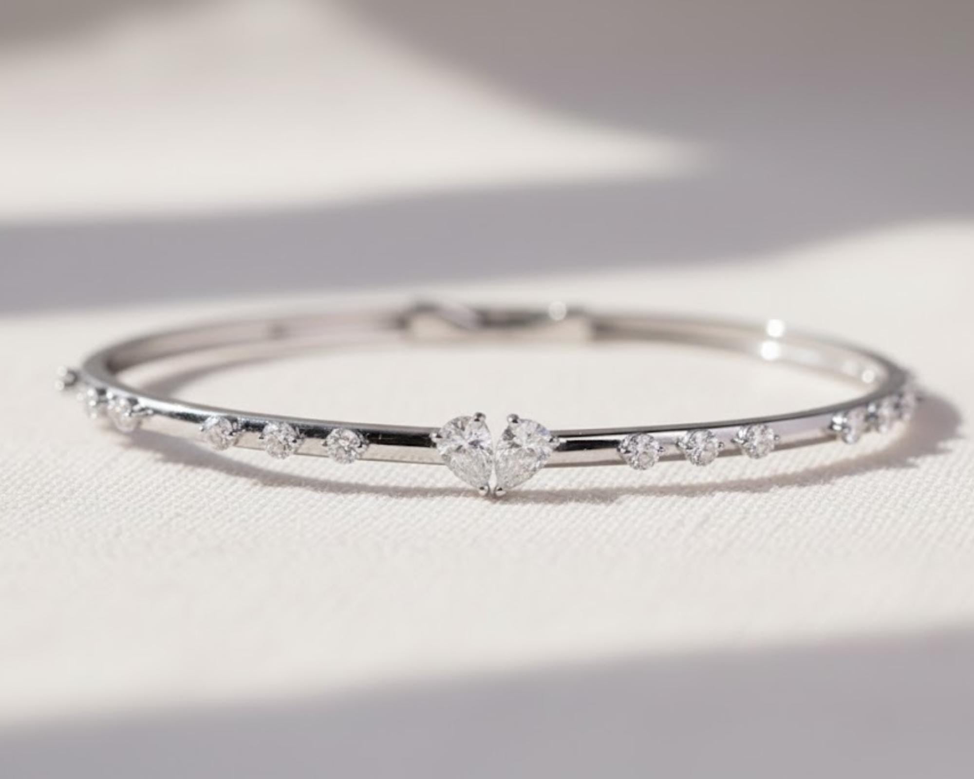 14K Gold Pear & Round Diamond Bangle Bracelet