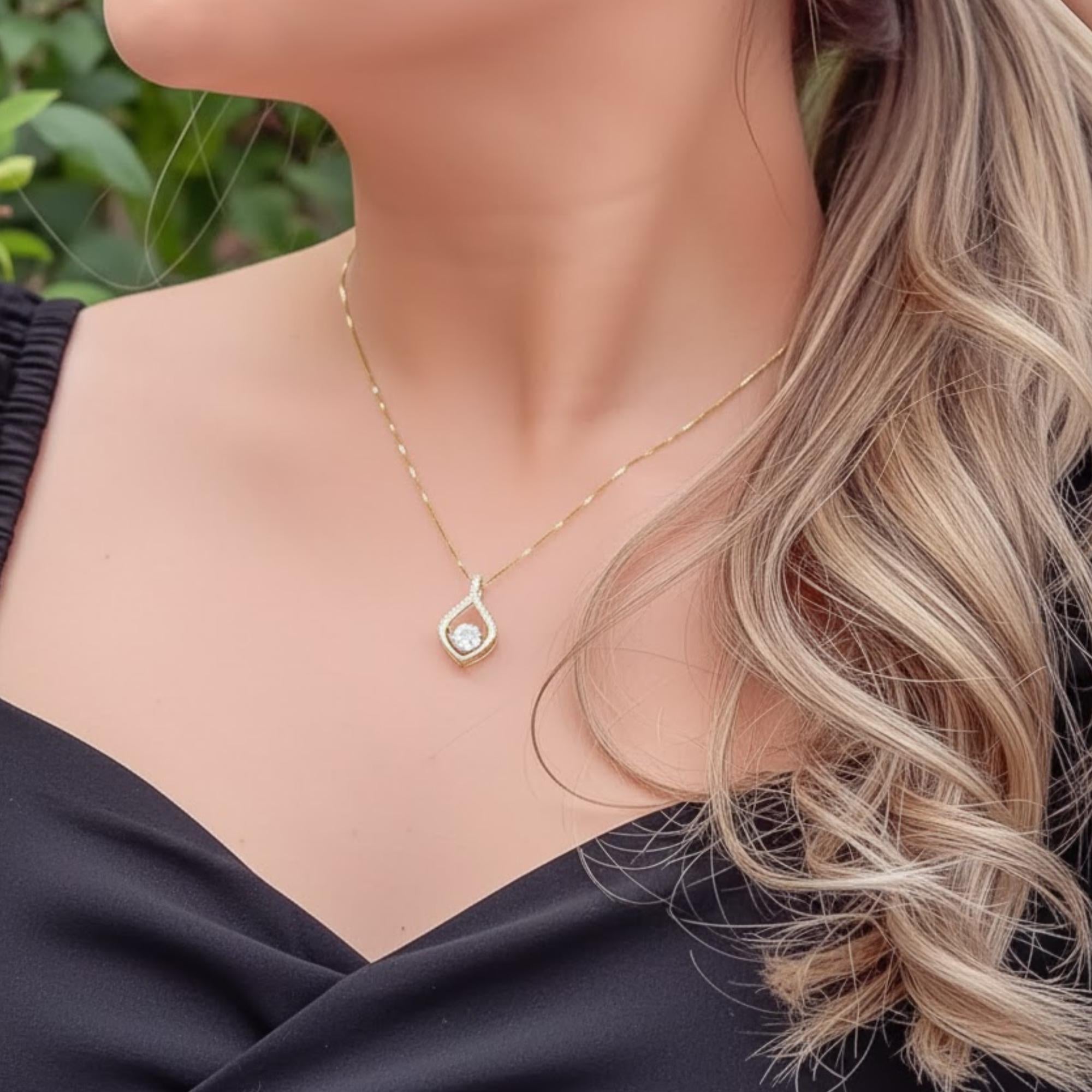 14K Solid Gold Lab Diamond Dancing Pendant Necklace
