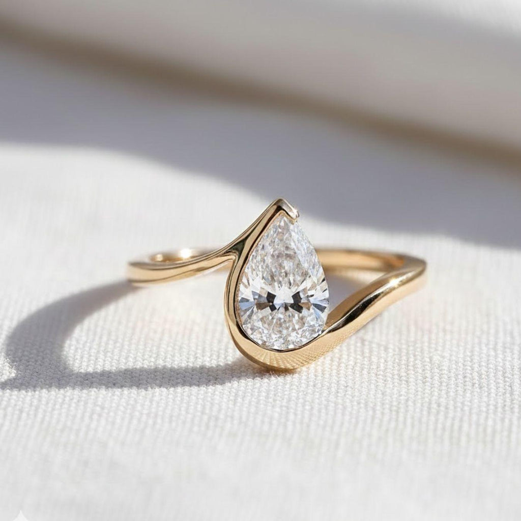 Pear Cut Engagement Ring, Lab Grown Diamond Ring, Wedding Rings for Women, Half Bezel Ring, Handmade Jewelry by EmoraDiamonds, IGI Certified