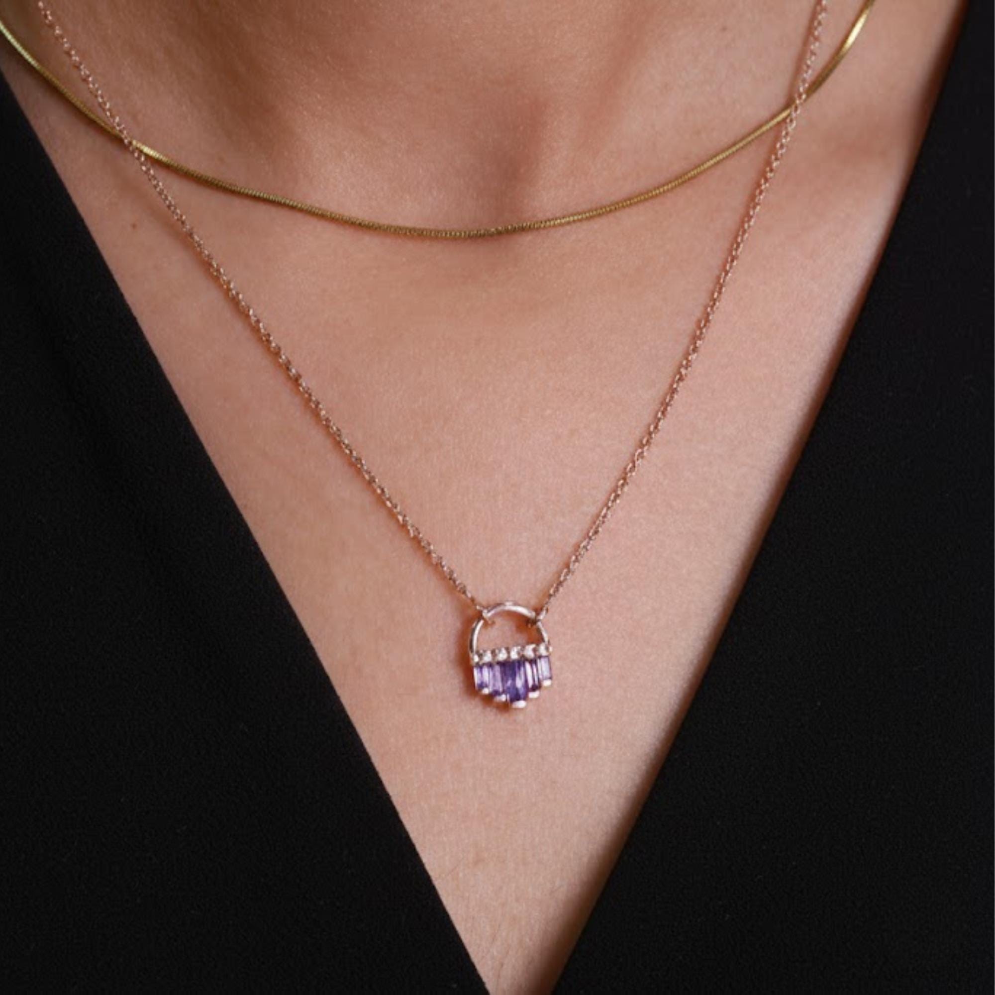Baguette Cut Sapphire Birthstone Necklace, 14K Solid Gold