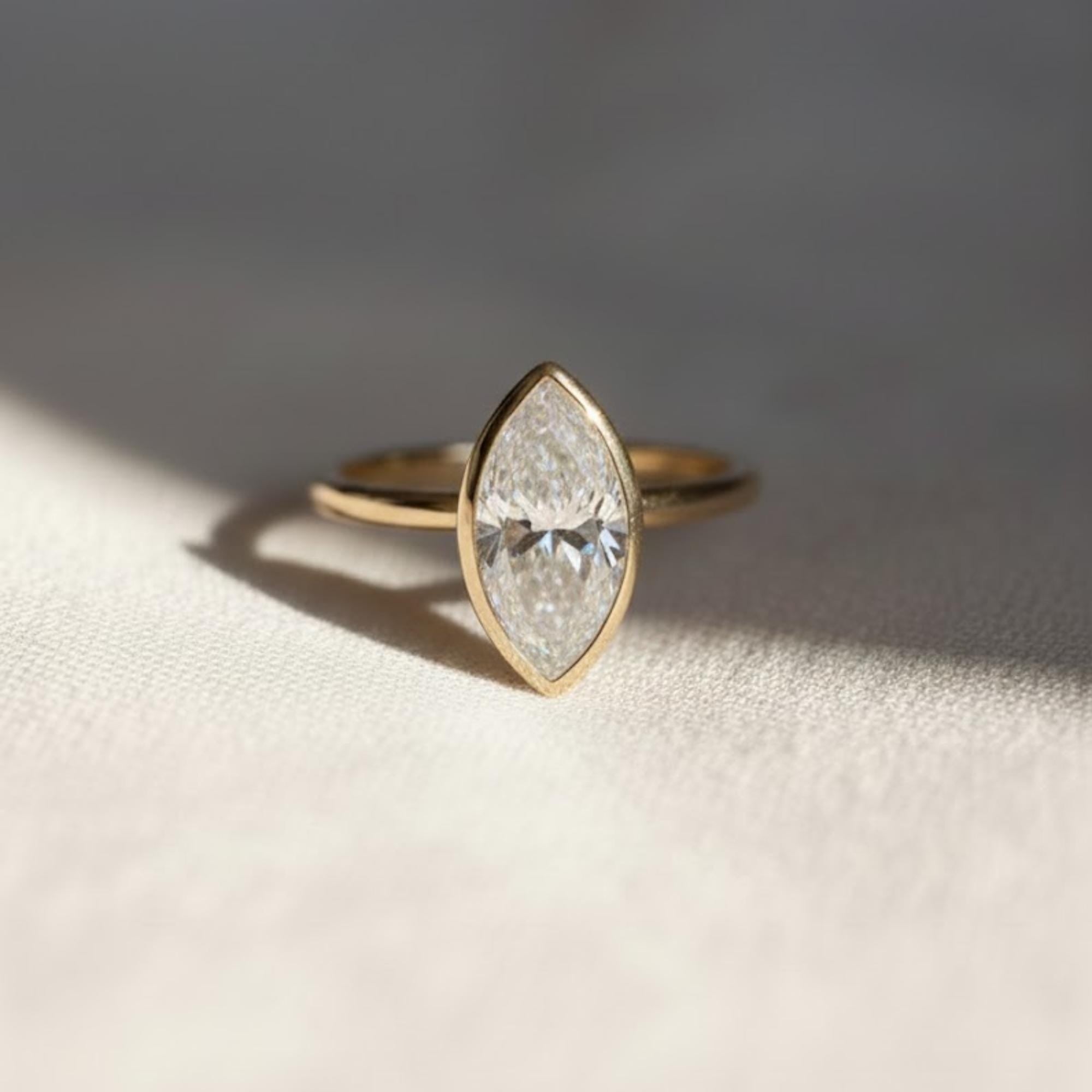 Marquise Lab Diamond Engagement Ring, Bezel Set, 14K Gold