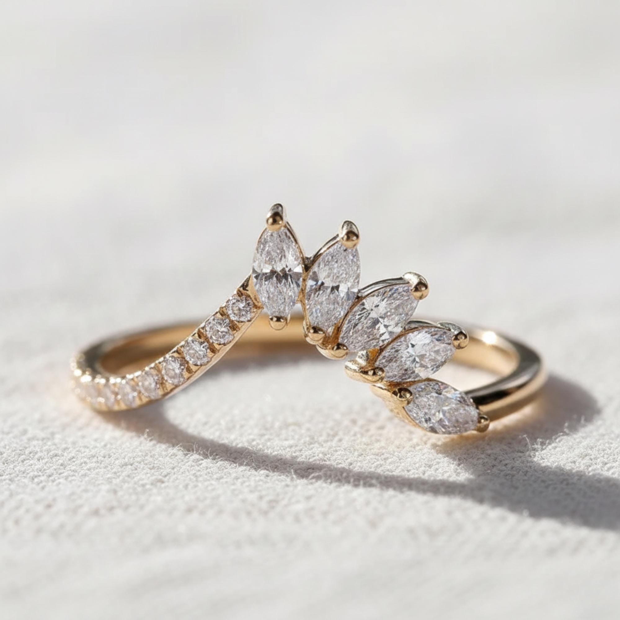Lab Diamond Tiara Wedding Band, Marquise & Round Chevron Ring