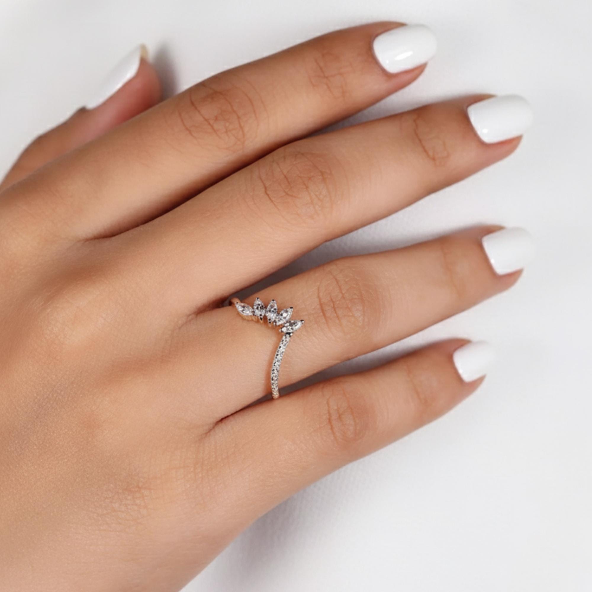 Lab Diamond Tiara Wedding Band, Marquise & Round Chevron Ring