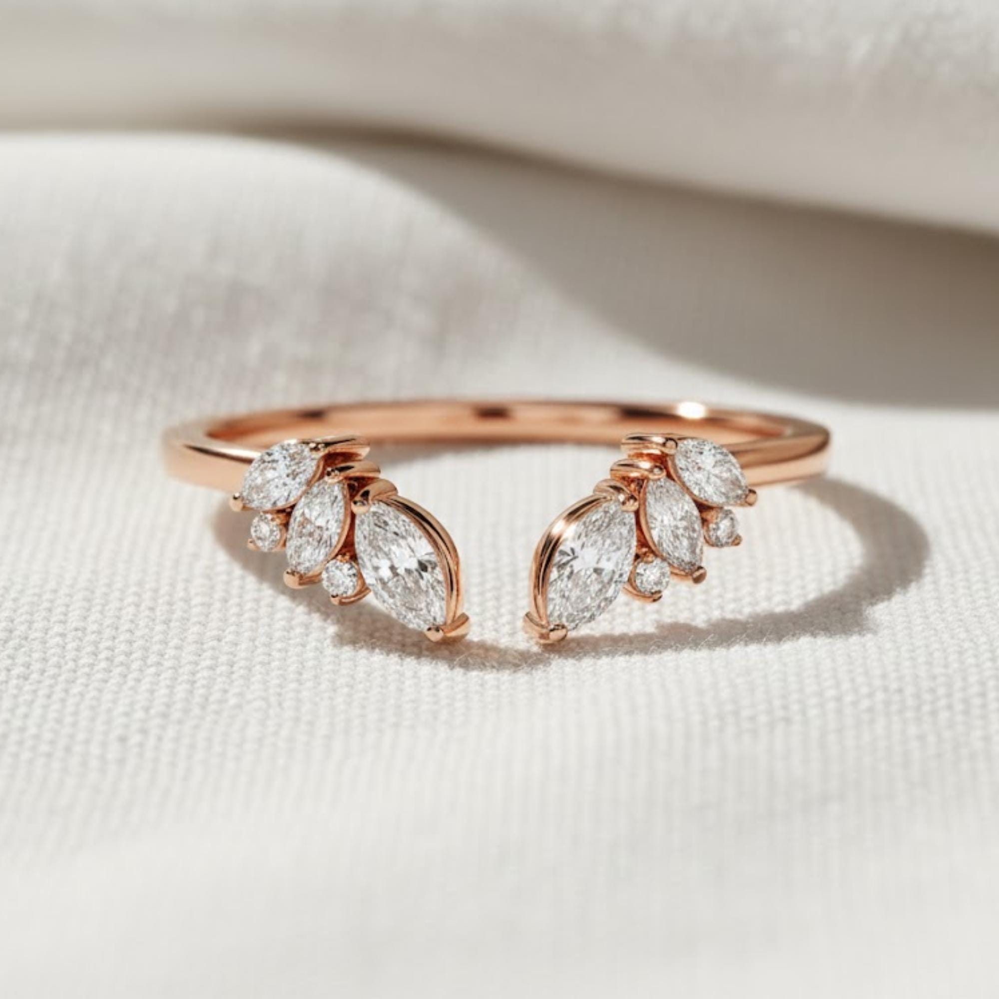 14K Gold Open Lab Diamond Wedding Band, Marquise Gap Ring