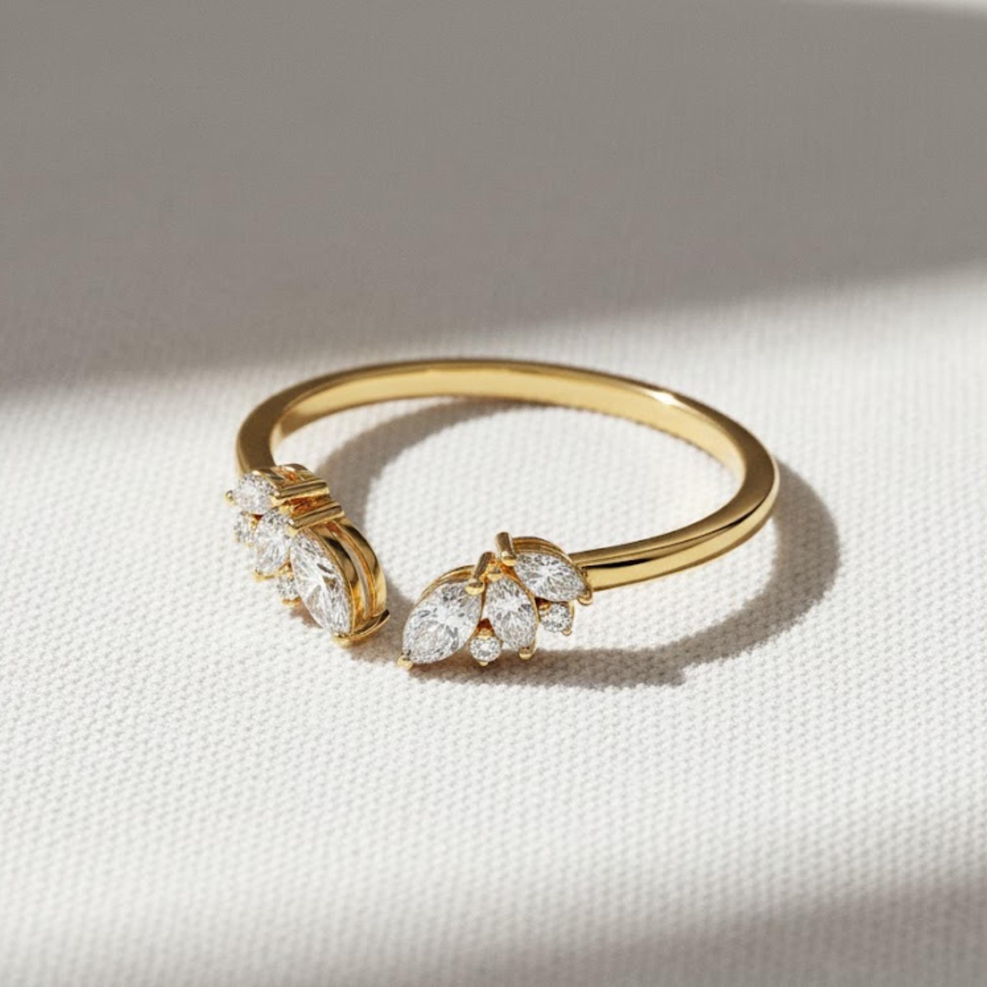 14K Gold Open Lab Diamond Wedding Band, Marquise Gap Ring