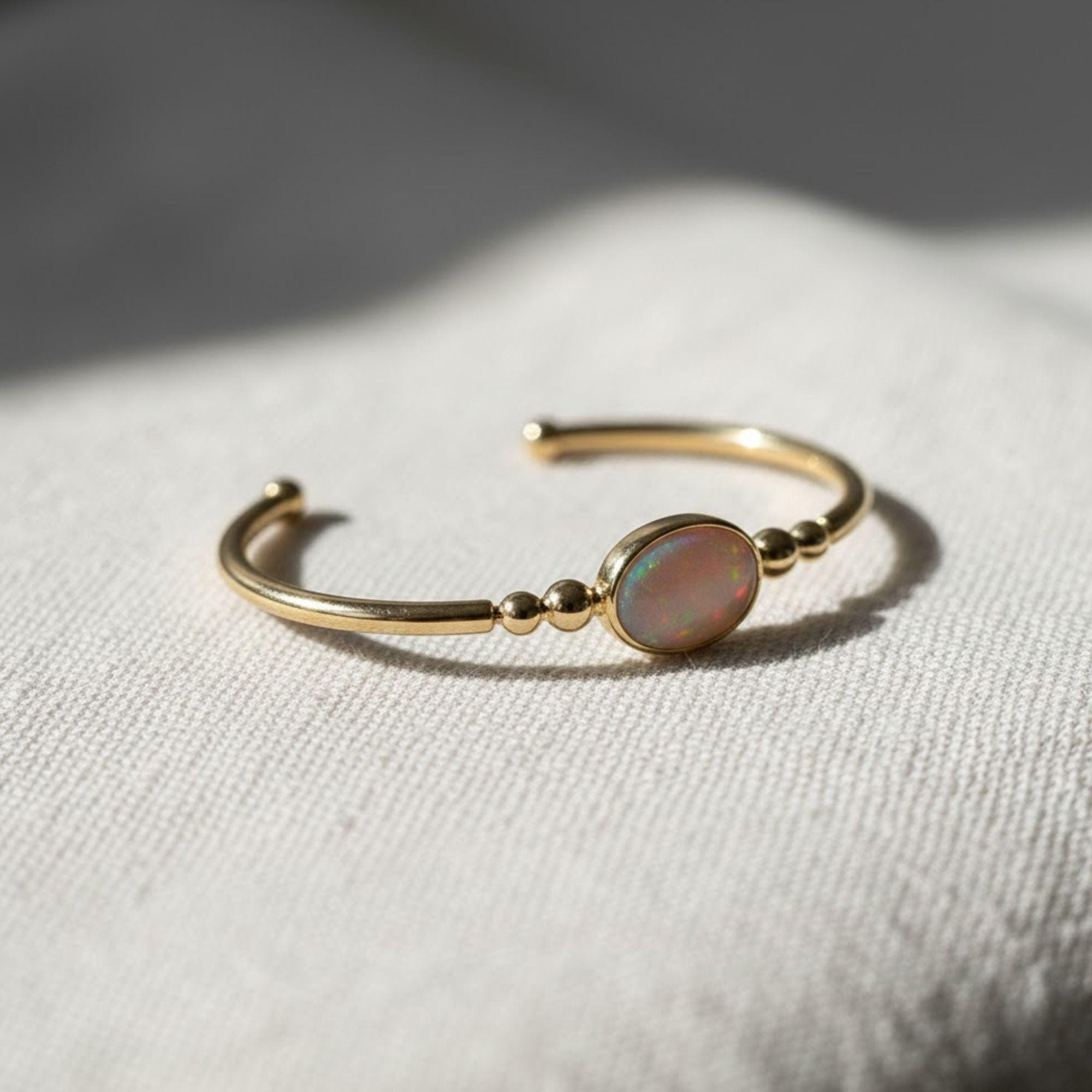Open Cuff Opal Diamond Bangle Bracelet, 14K Gold