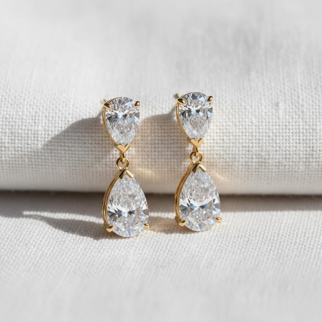 Pear Cut Lab Diamond Dangle Earrings, 10K Yellow Gold