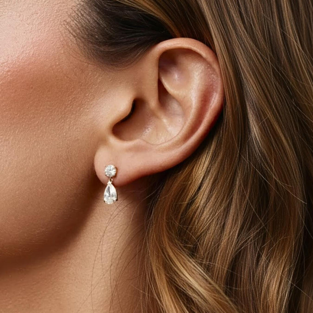 Pear Cut Lab Diamond Dangle Drop Earrings / 10K Yellow Gold F-VS+ Diamond Dainty Bridal Earrings / Conflict Free Diamond Earrings For Her