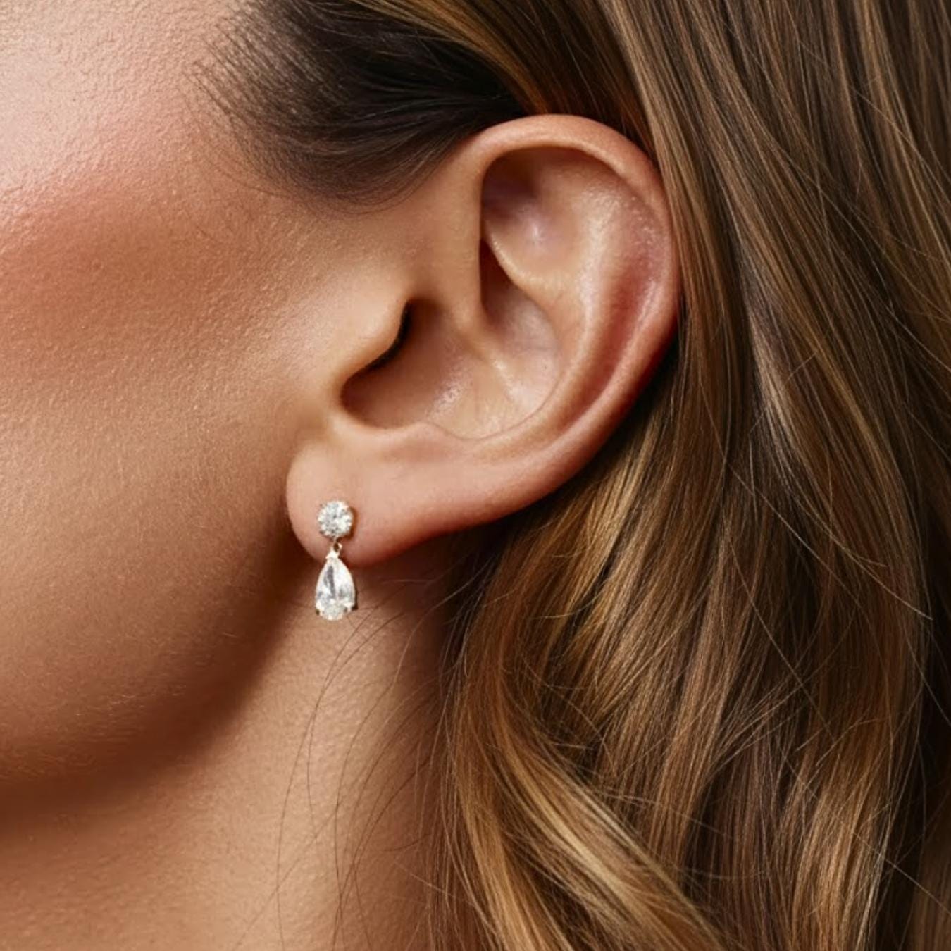 Pear Cut Lab Diamond Dangle Earrings, 10K Yellow Gold