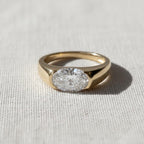 1.5ct Oval Lab Diamond East West Ring | Yellow Gold Bezel Signet Engagement | Chunky Solitaire Bold Wedding Band | IGI Certified