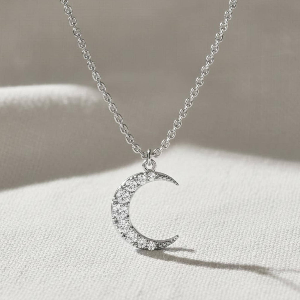 14k Diamond Crescent Necklace, Small Diamond Moon Necklace, White, Yellow, Rose, Solid Gold Celestial Necklace, Perfect Gift