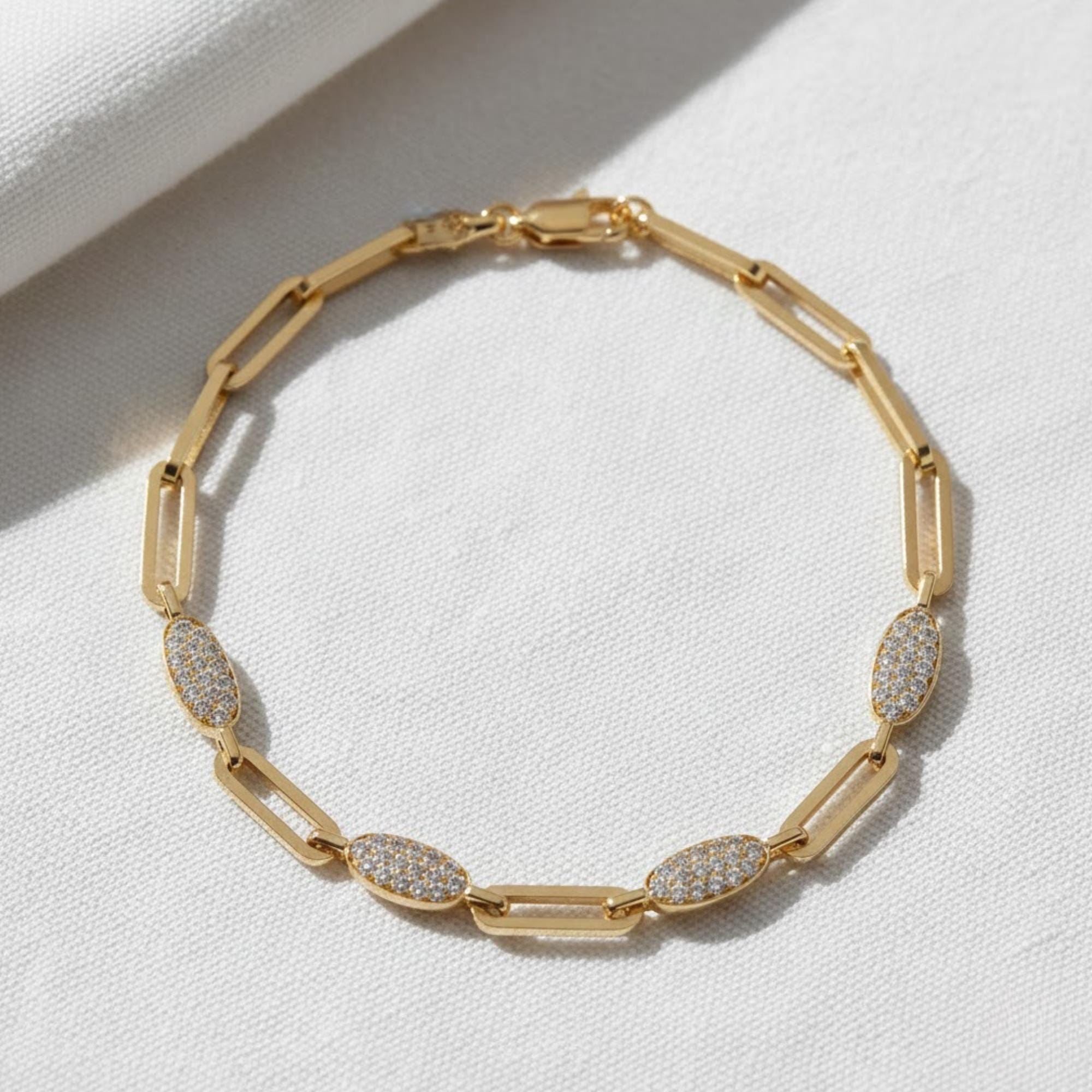 14K Solid Gold Paperclip Chain Diamond Link Bracelet