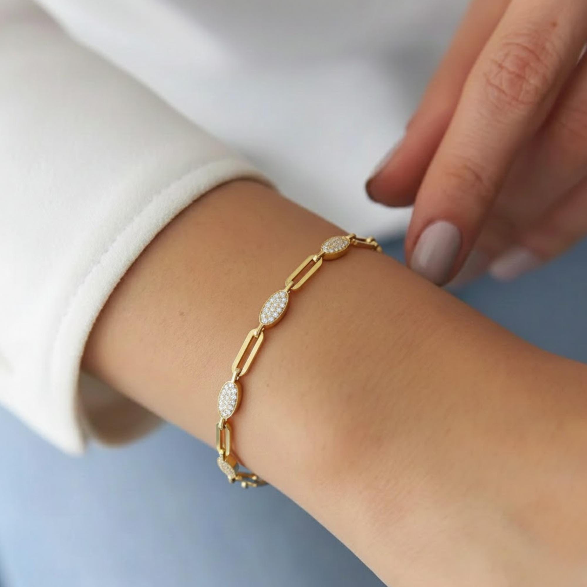 14K Solid Gold Paperclip Chain Diamond Link Bracelet
