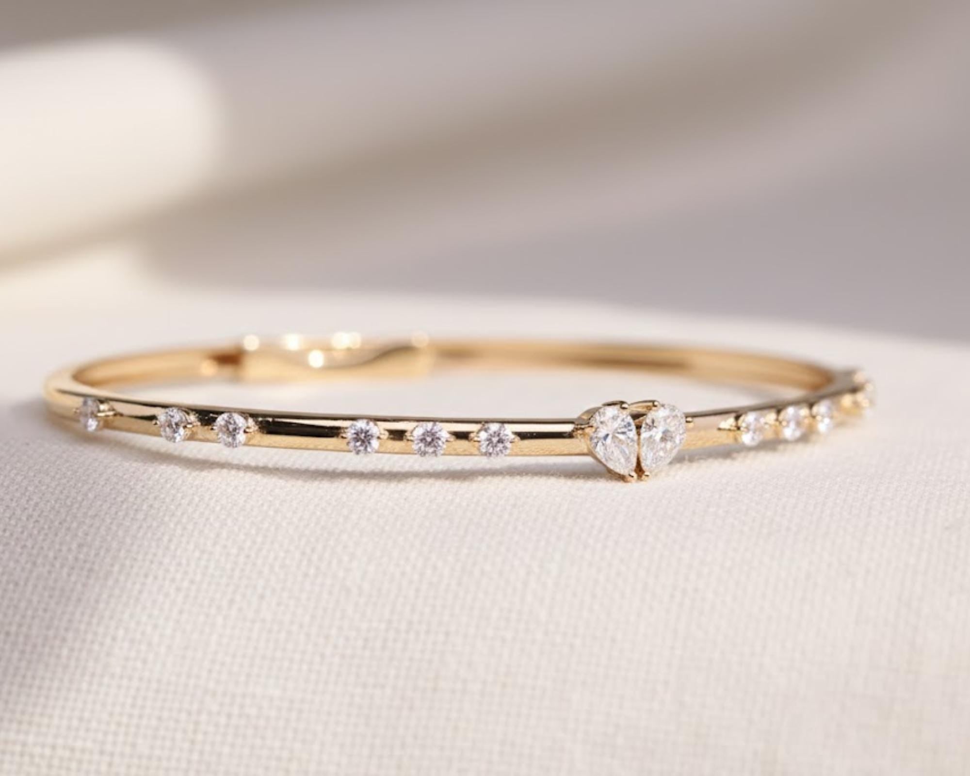 14K Gold Pear & Round Diamond Bangle Bracelet