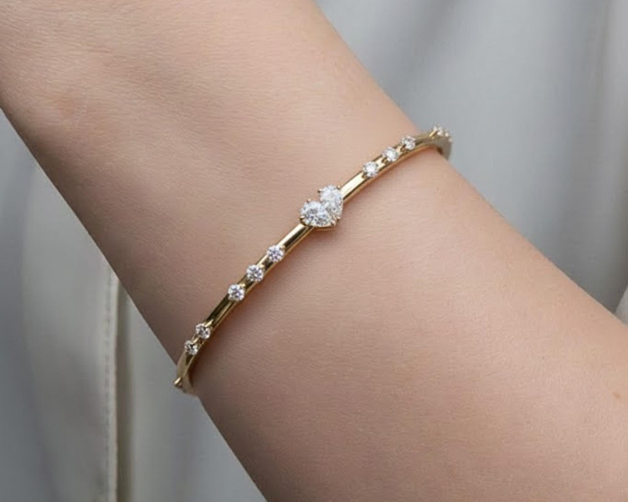 14K Gold Pear & Round Diamond Bangle Bracelet