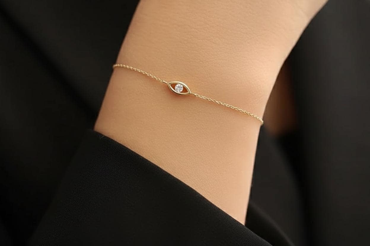14K Gold Evil Eye Diamond Bracelet, Good Luck Charm