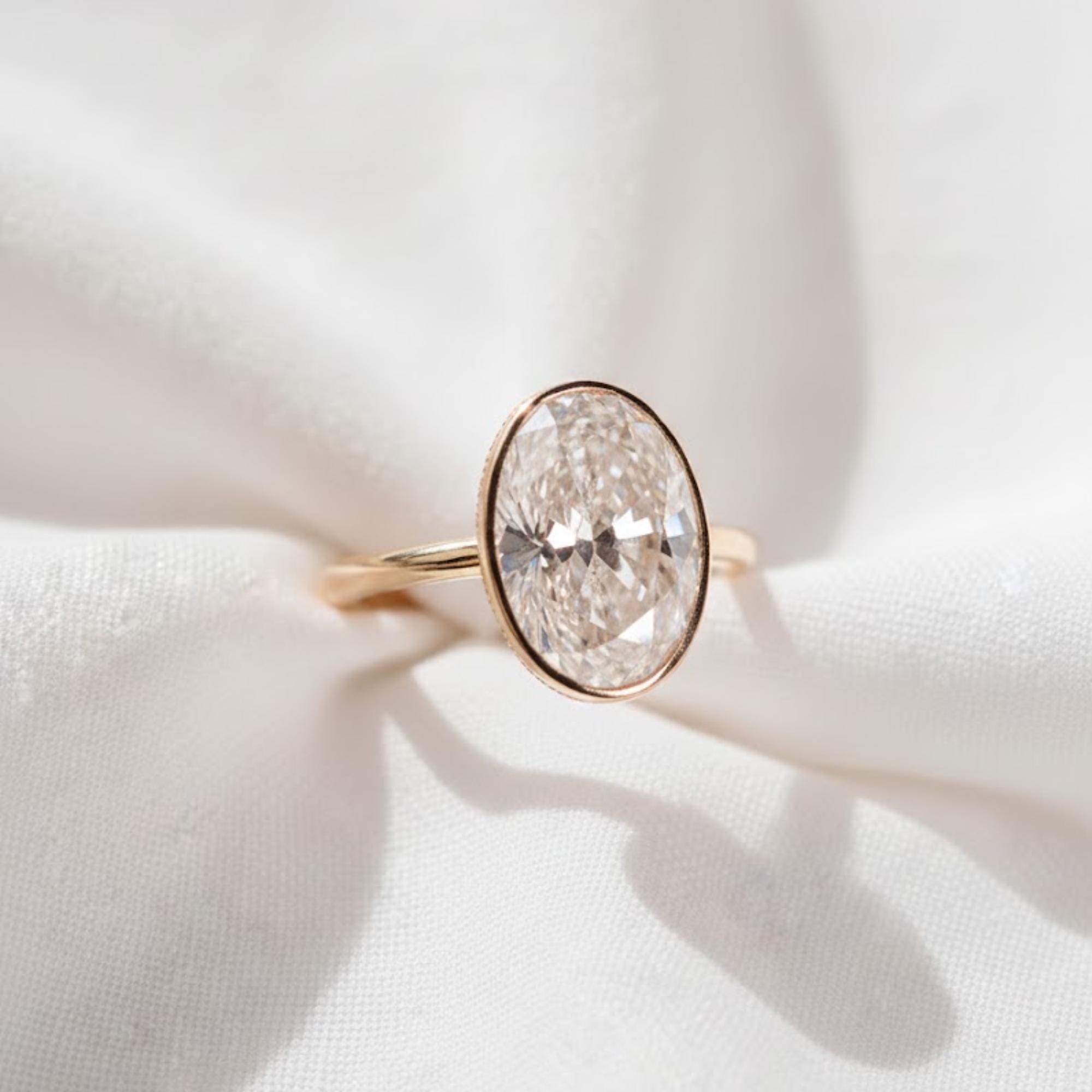 Oval Lab Diamond Bezel Engagement Ring, IGI Certified