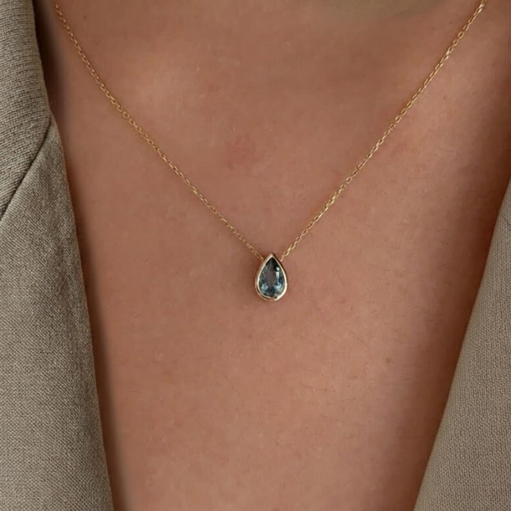 Pear Cut Blue Topaz Bezel Set Solitaire Necklace