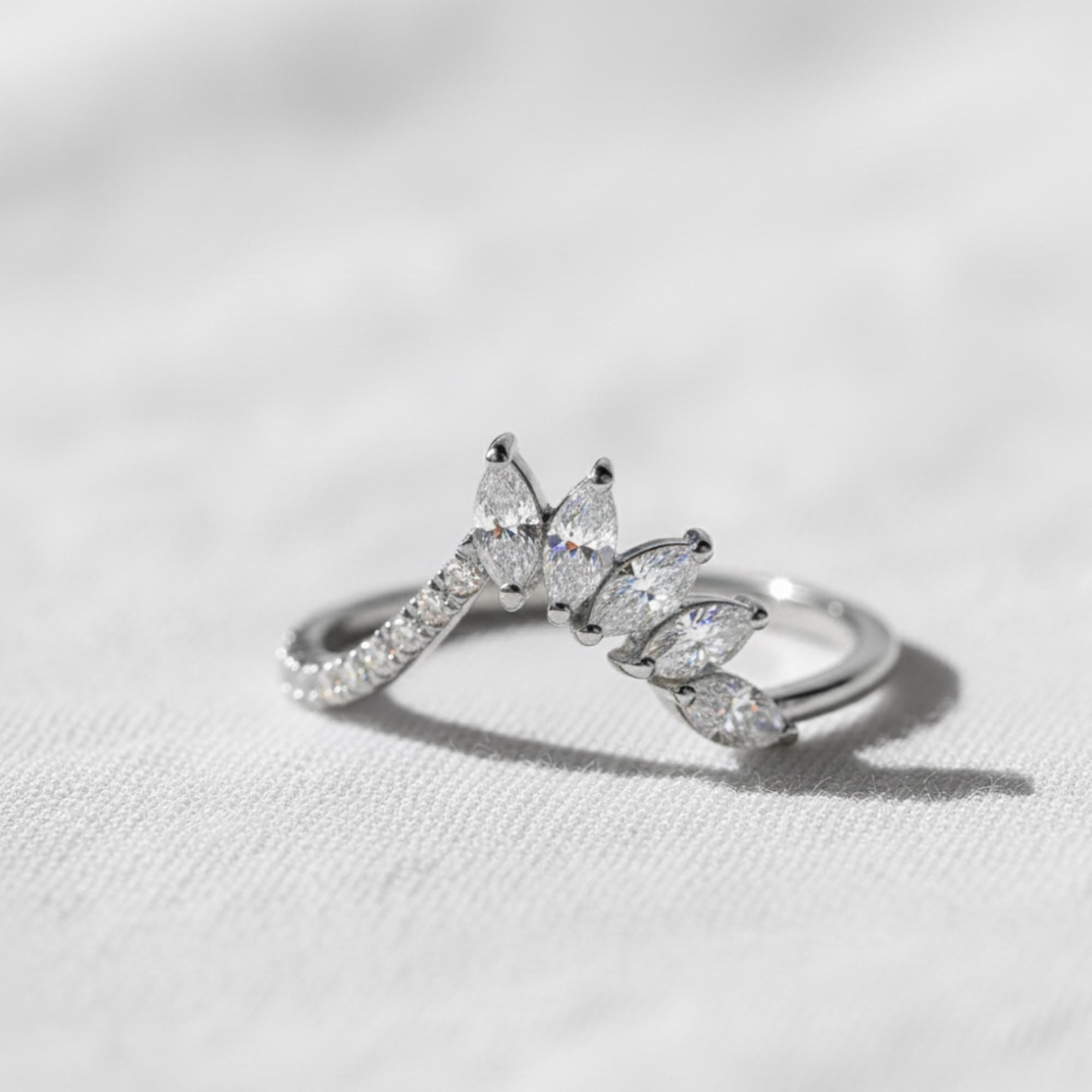 Lab Diamond Tiara Wedding Band, Marquise & Round Chevron Ring