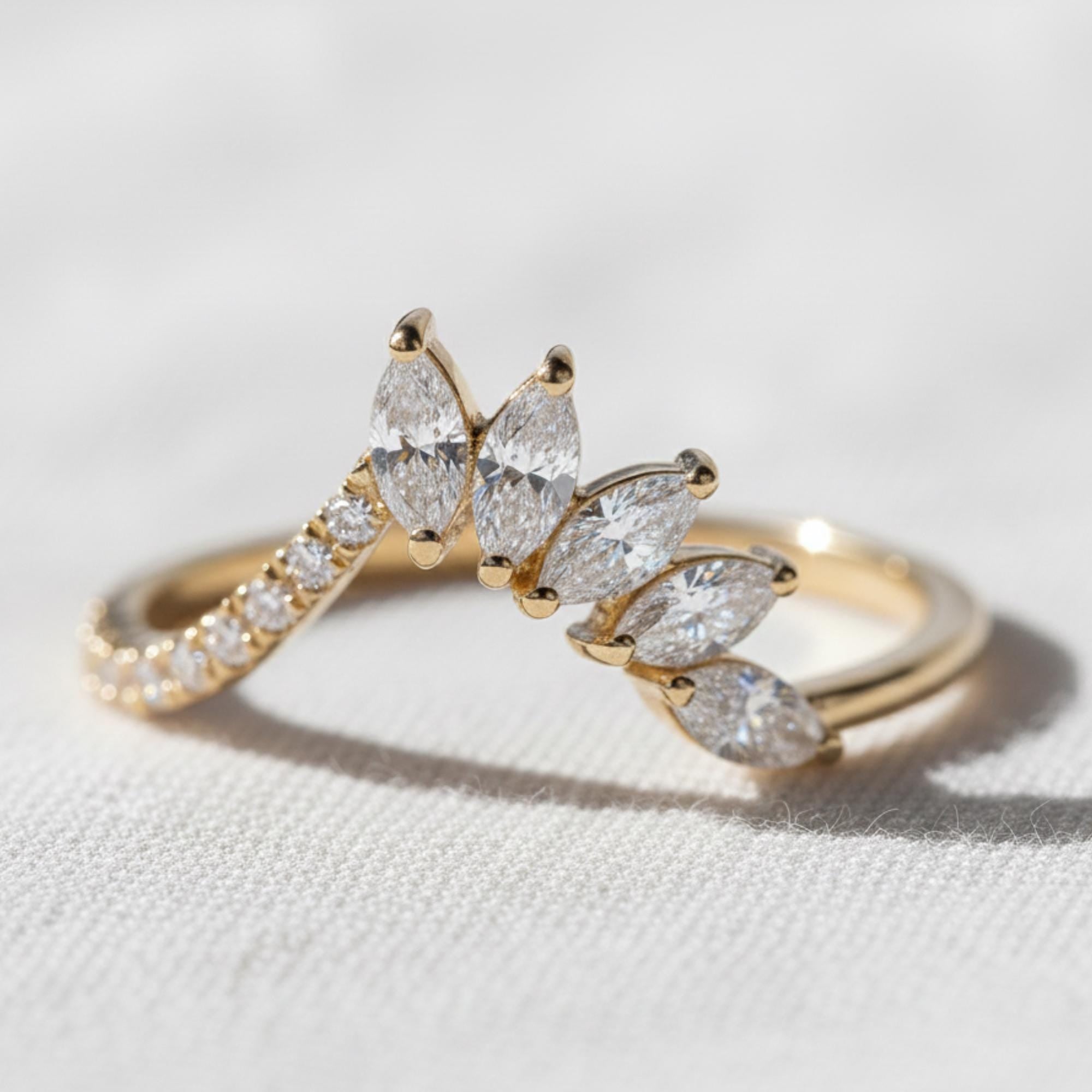 Lab Diamond Tiara Wedding Band, Marquise & Round Chevron Ring