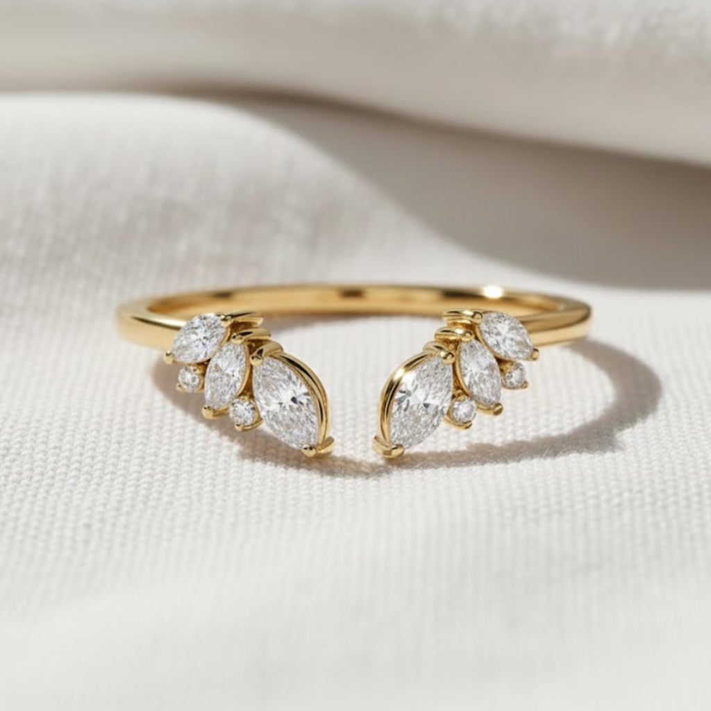 14k Gold Open Wedding Band, Solid Gold Gap Wedding Ring, Womens Cuff Stacking Ring, Lab Created Diamond Ring, Marquise Stackable Ring