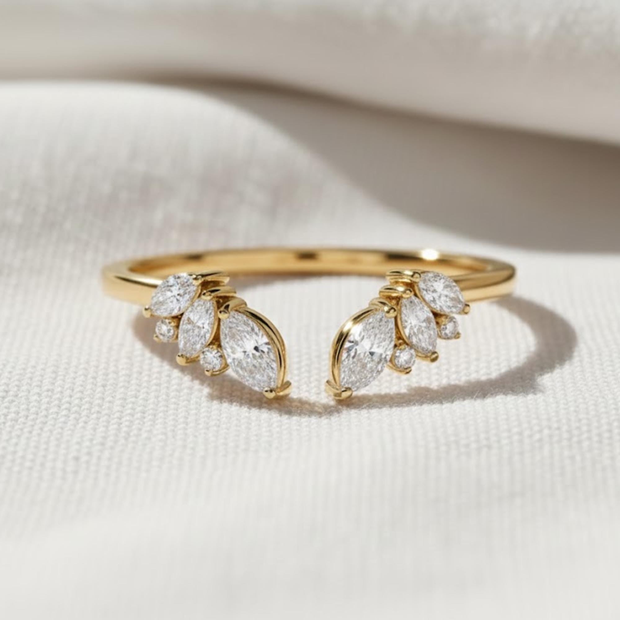 14K Gold Open Lab Diamond Wedding Band, Marquise Gap Ring
