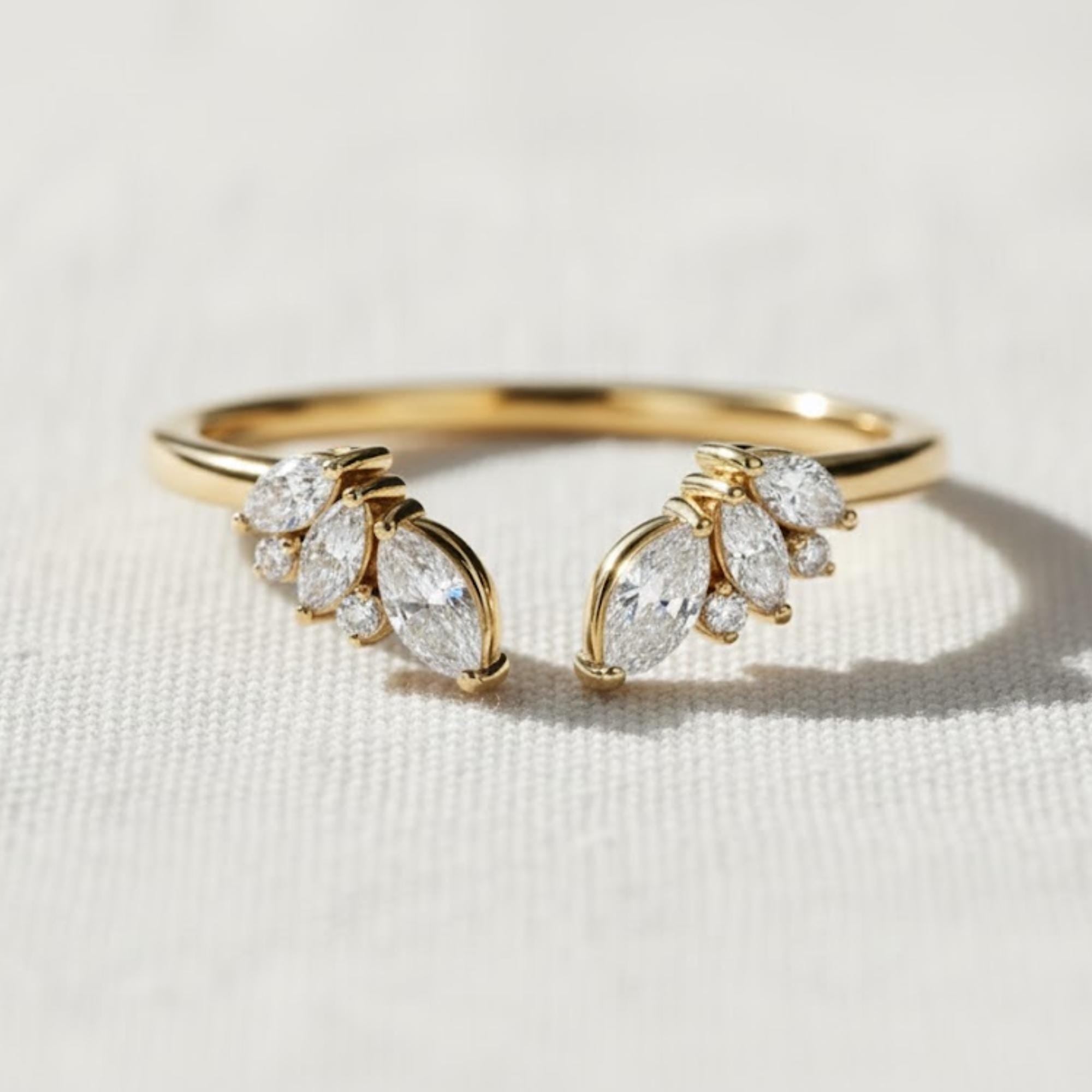 14K Gold Open Lab Diamond Wedding Band, Marquise Gap Ring