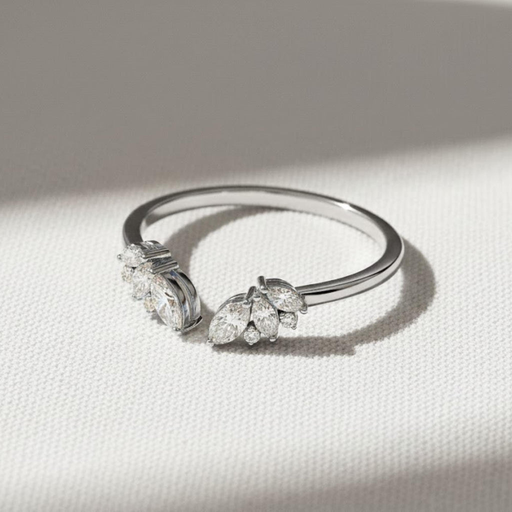 14k Gold Open Wedding Band, Solid Gold Gap Wedding Ring, Womens Cuff Stacking Ring, Lab Created Diamond Ring, Marquise Stackable Ring