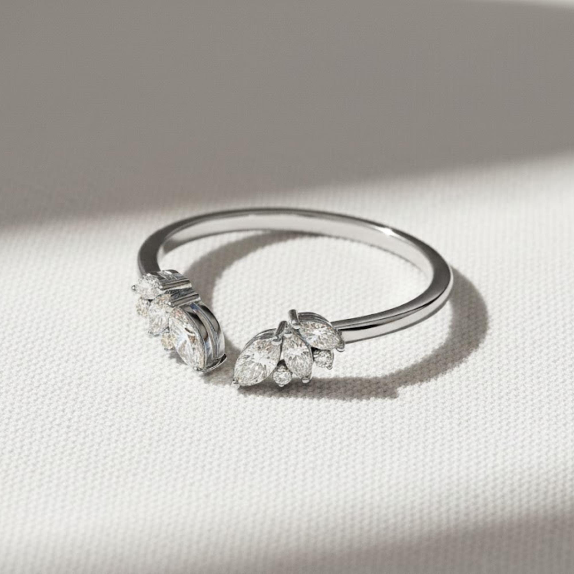 14K Gold Open Lab Diamond Wedding Band, Marquise Gap Ring
