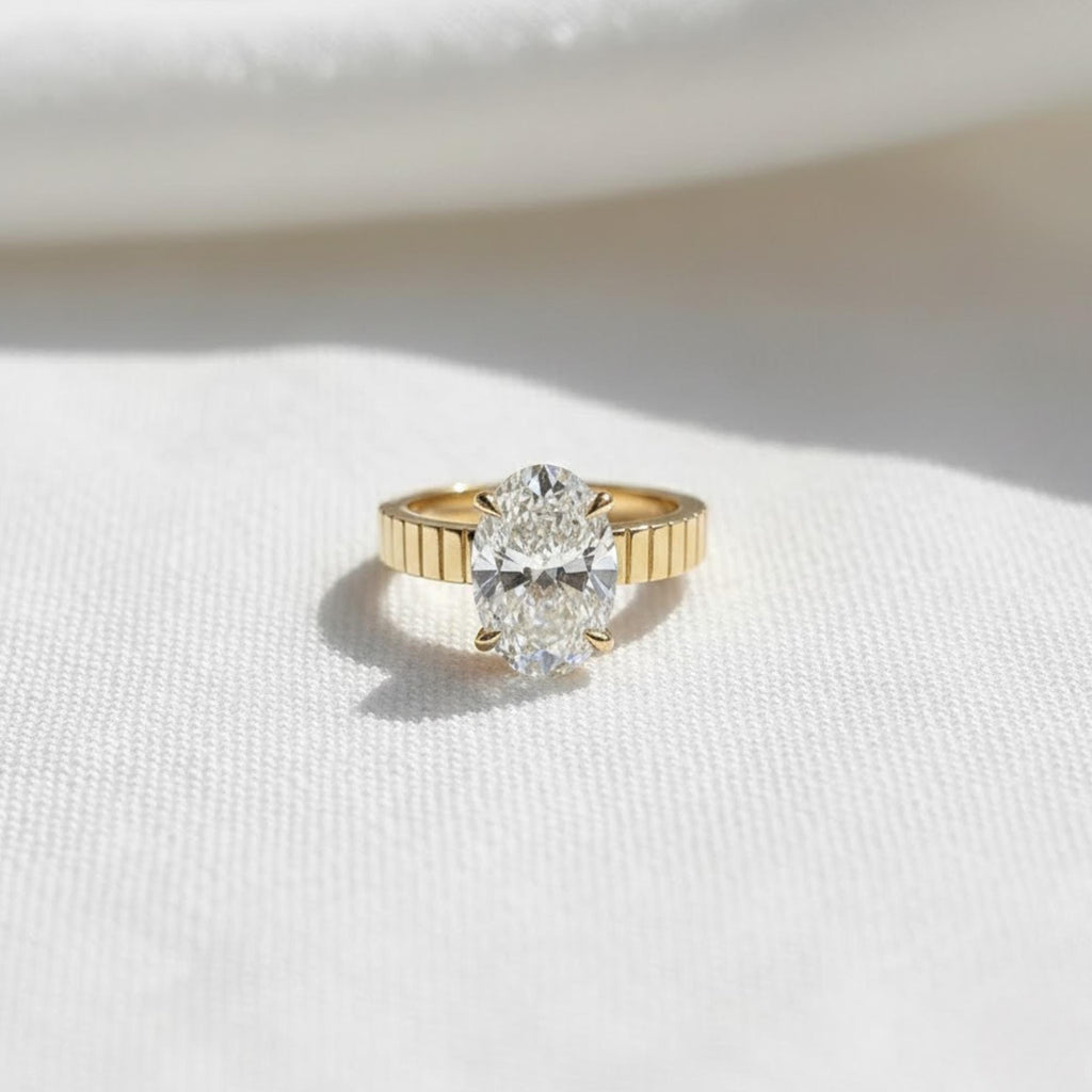 3 Carat Oval Lab Grown CVD Diamond F VS1 Thick Engagement Ring / 3.5MM Cigar Band Two Tone Ring / Wide Band / Unique Solitaire Ring