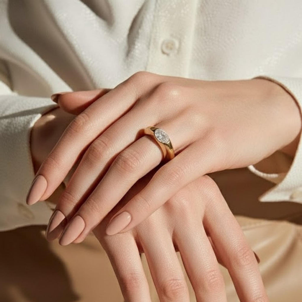 1.5ct Oval Lab Diamond East West Ring | Yellow Gold Bezel Signet Engagement | Chunky Solitaire Bold Wedding Band | IGI Certified