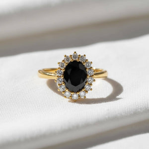 Black Onyx Diamond Halo Vintage Engagement Ring in Gold