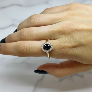 Black Onyx Diamond Halo Vintage Engagement Ring in Gold