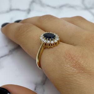 Black Onyx Diamond Halo Vintage Engagement Ring in Gold