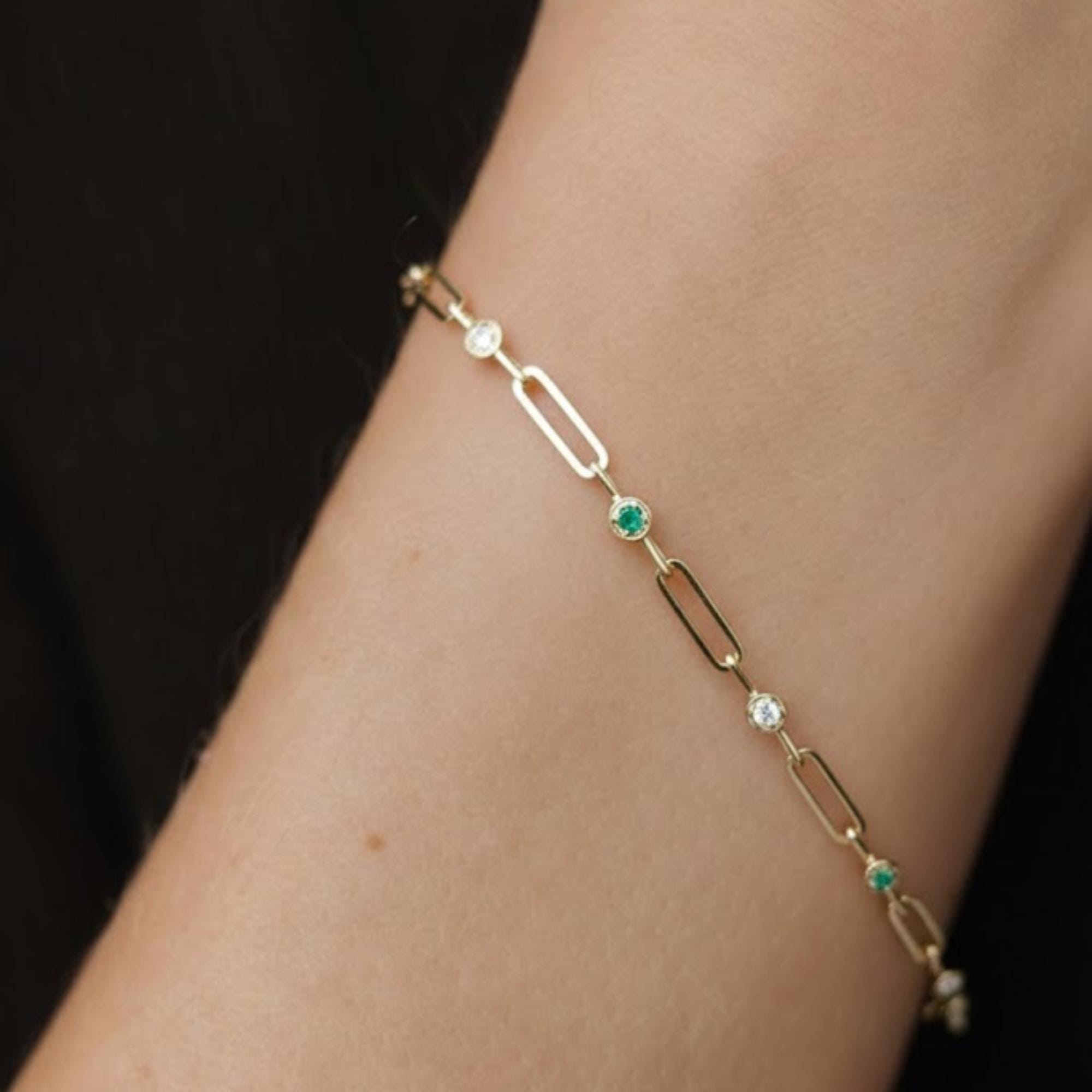 10K 14K Solid Gold Paperclip Diamond Link Stacking Bracelet