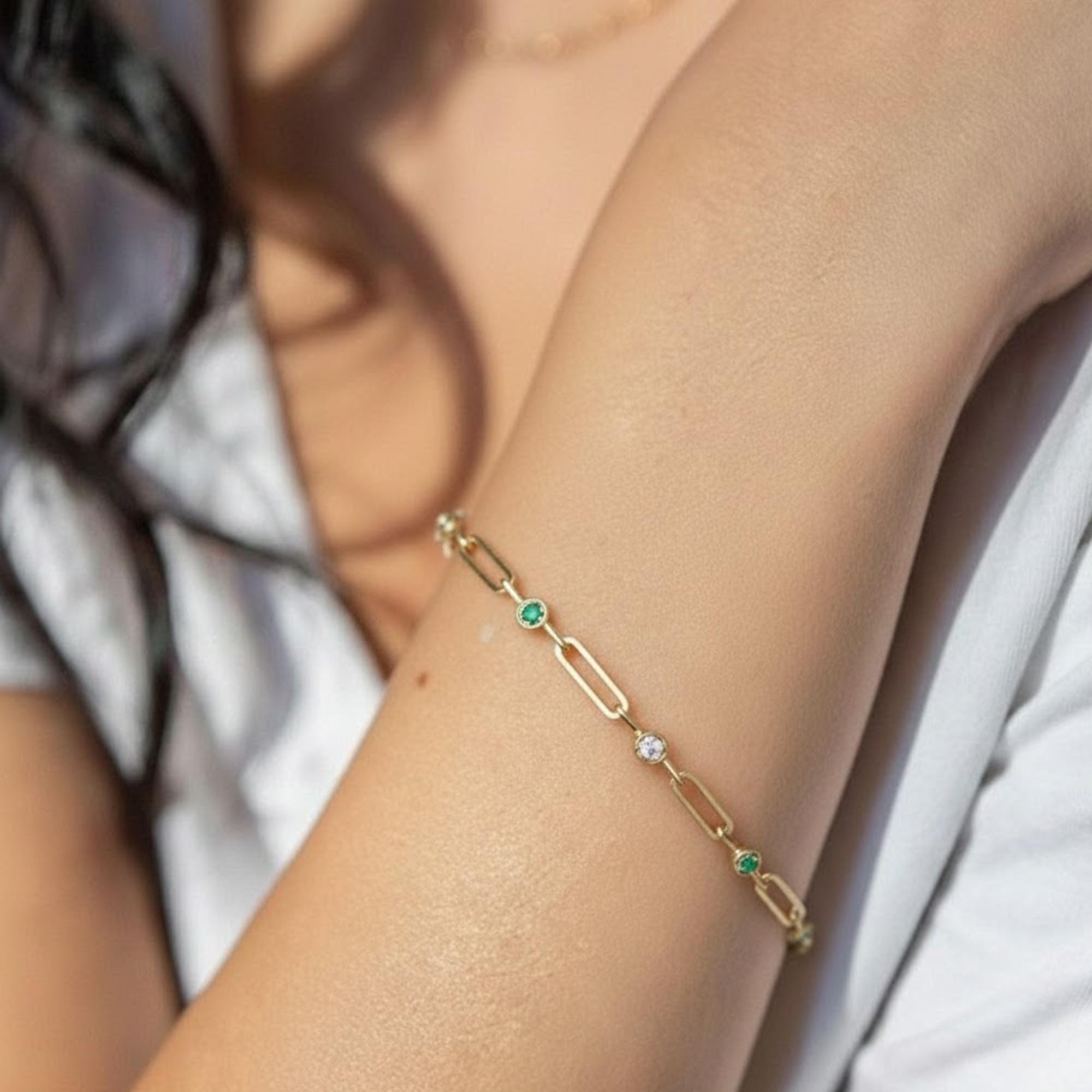 10K 14K Solid Gold Paperclip Diamond Link Stacking Bracelet