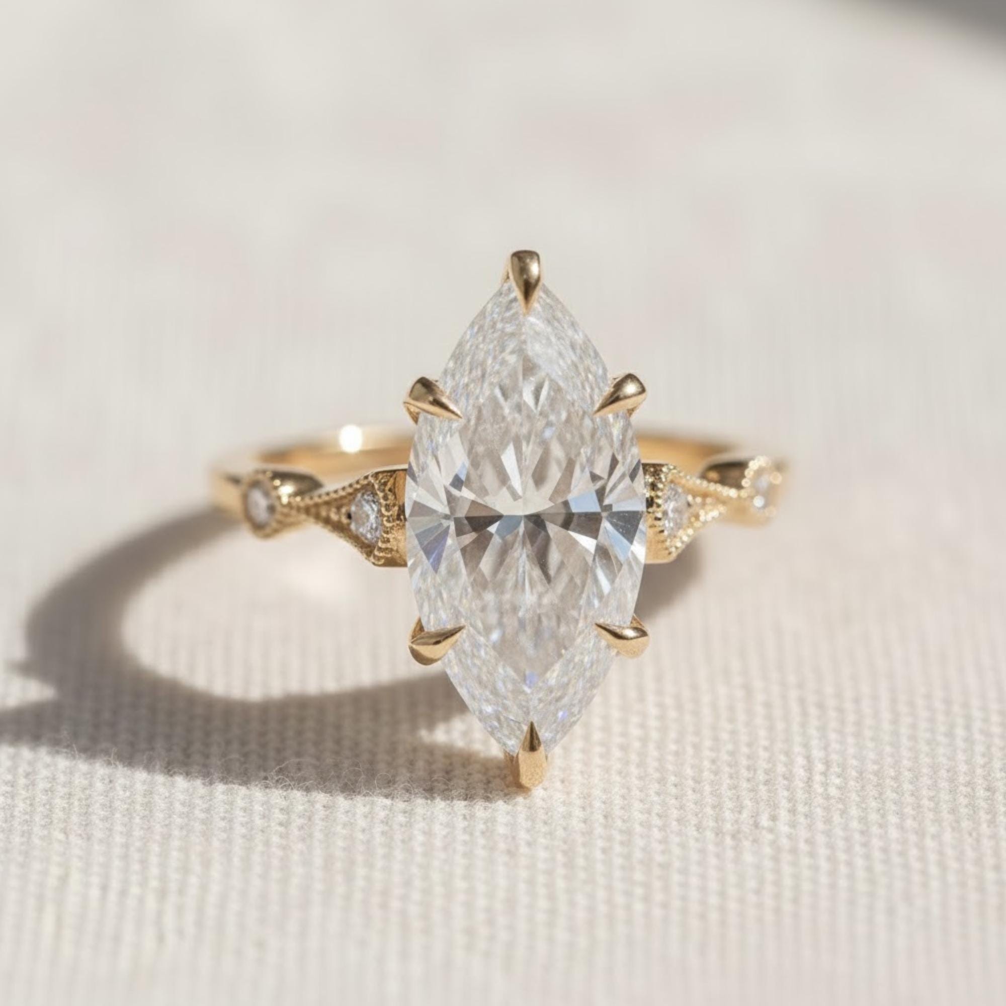 Marquise Diamond Vintage Style Engagement Ring in 14K Gold