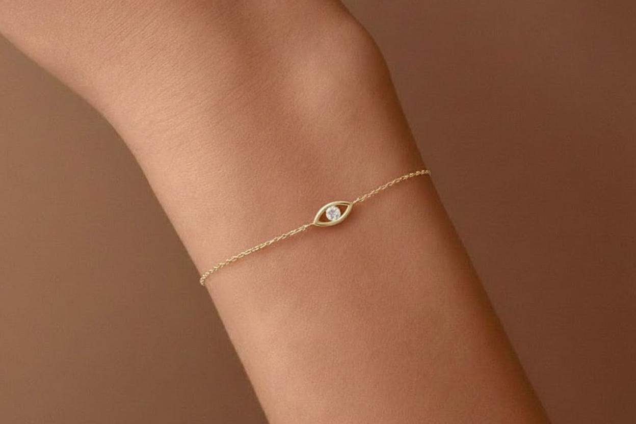 14K Gold Evil Eye Diamond Bracelet, Good Luck Charm