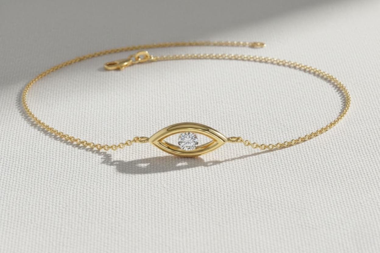14K Gold Evil Eye Diamond Bracelet, Good Luck Charm