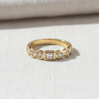0.38 Carat Round and Emerald Cut Half Eternity Band / Unique Eternity Multi Shape Diamond Ring / 14k Yellow Gold Two Shape Eternity Band